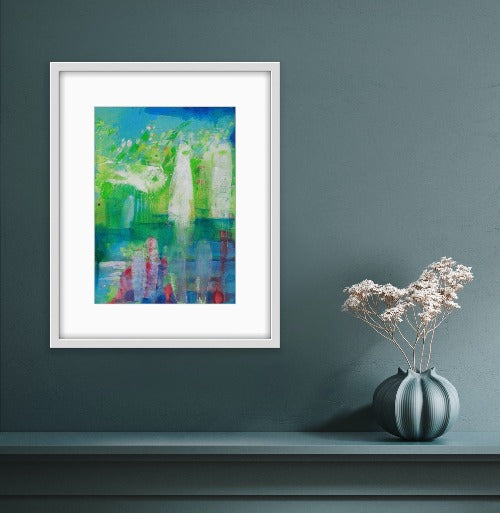 Fine art on light blue walls